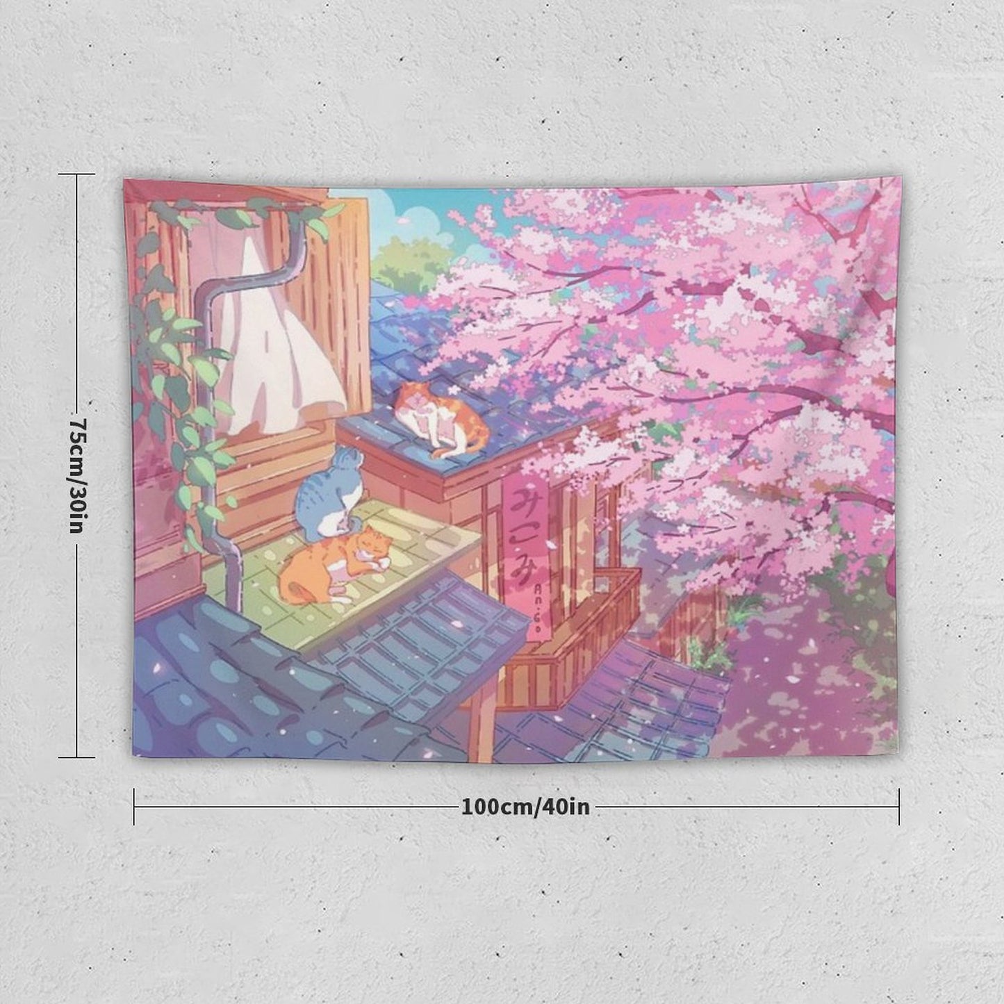 The Cute Cats, Rooftops, And Pink Cherry Blossom Tapestry