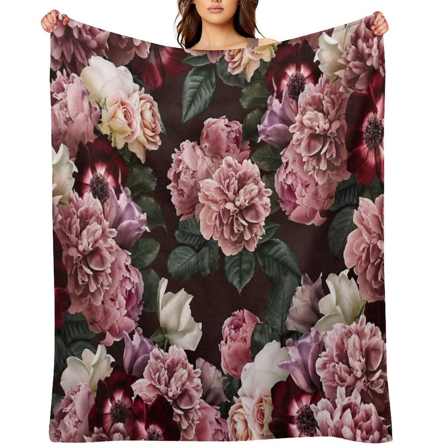 Vintage Bouquets of Pink Lush Peonies, Purple Tulips, Roses And Dark Red Anemones. Throw Blanket