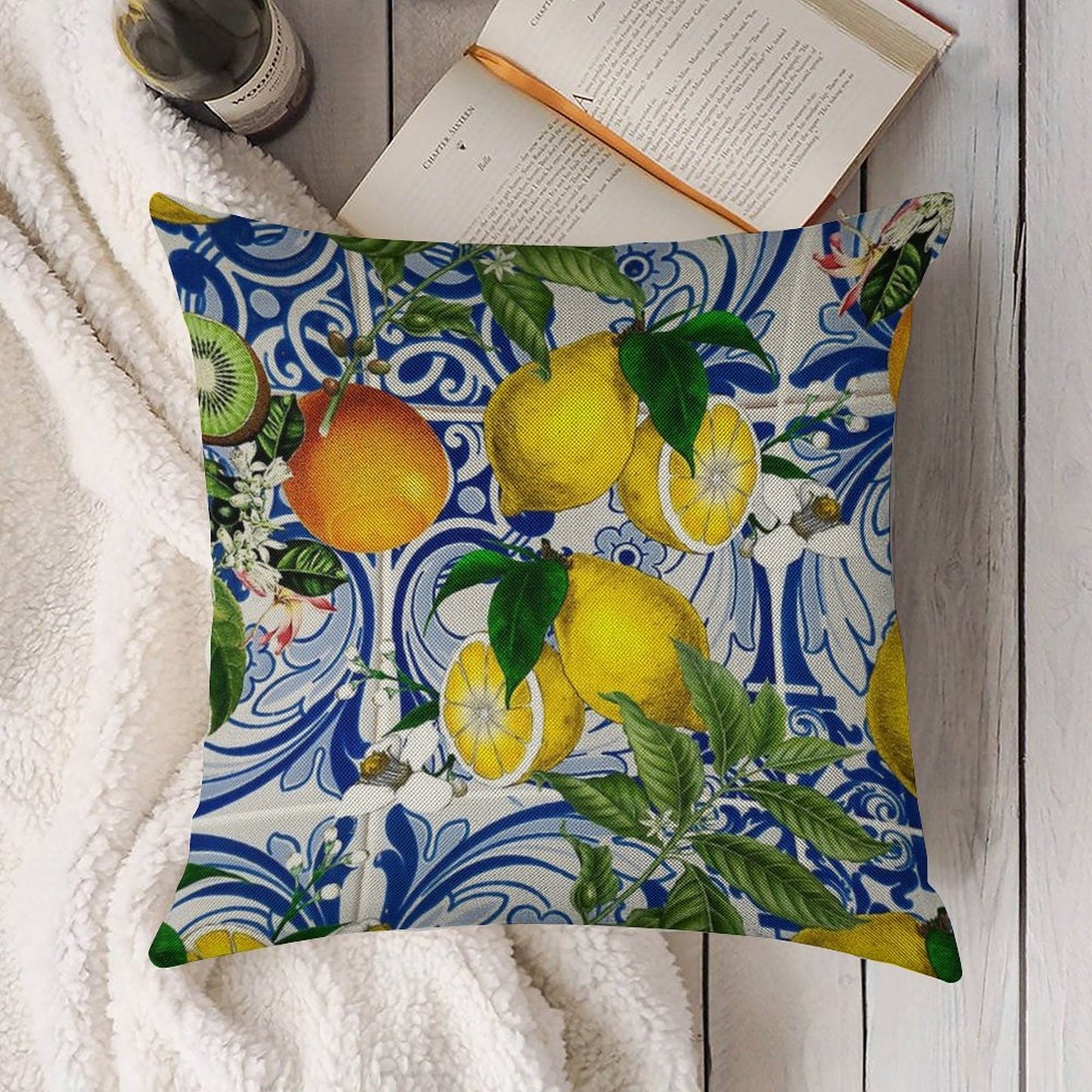 Mediterranean Lemon on Blue Ceramic Tiles Linen Throw Pillow Cover