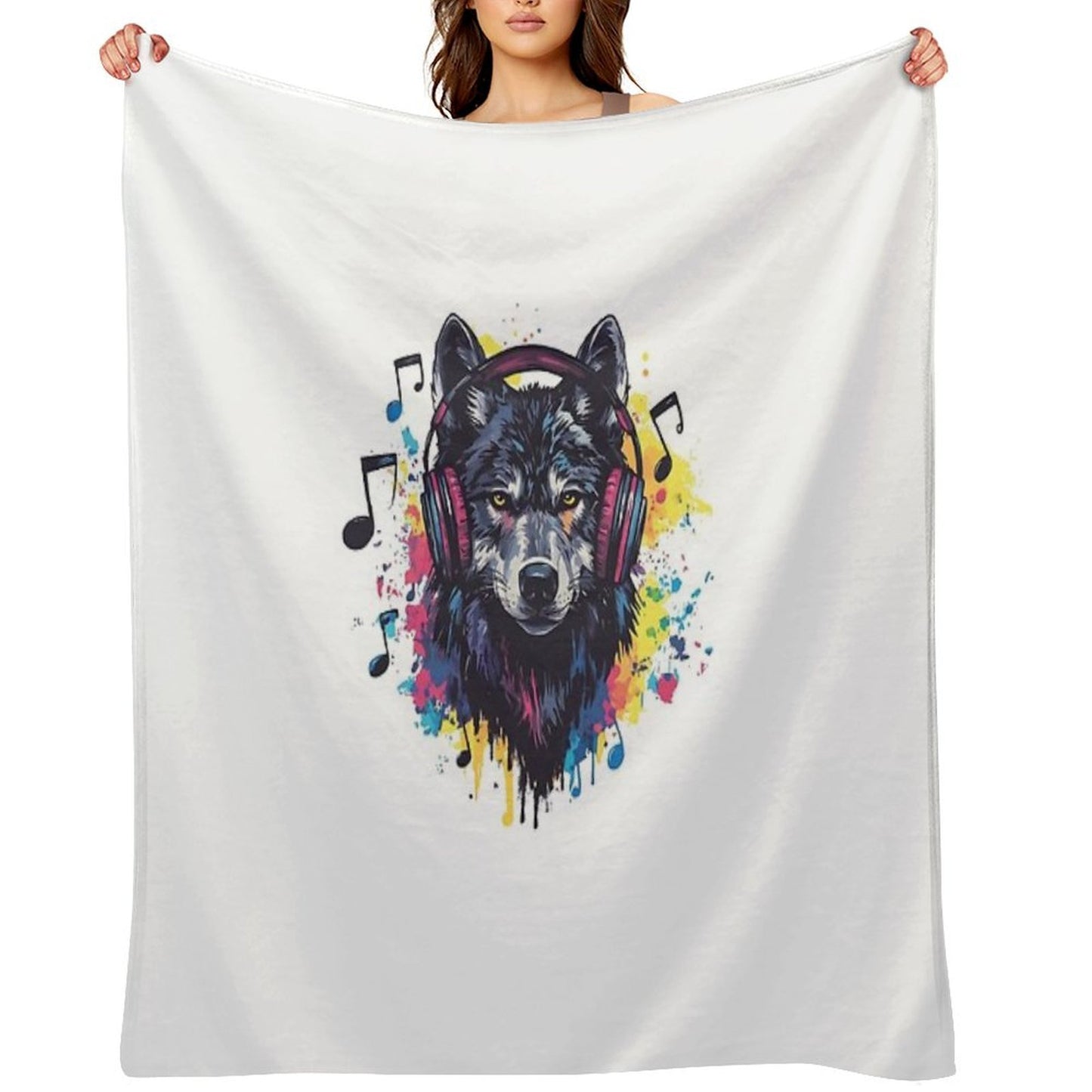 Wolf with Headphones - Cool Music Lover Design Throw Blanket