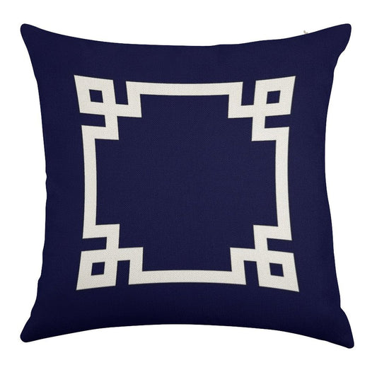 Greek Key Square White On Navy Blue Linen Throw Pillow Cover