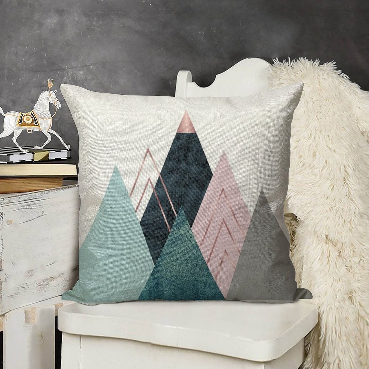 Abstract Minimalist Mountain - Pink, Teal And Blue Linen Throw Pillow Cover