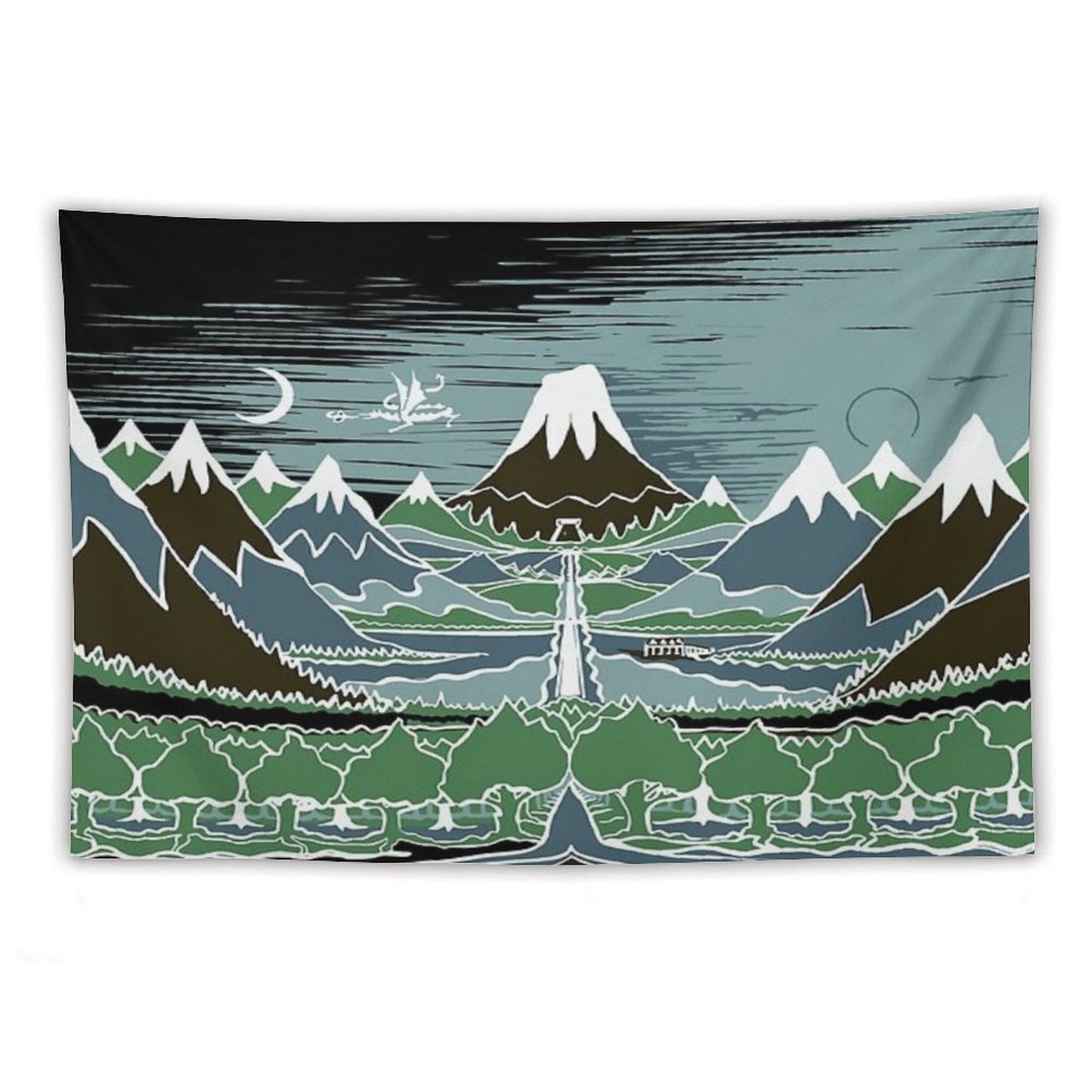 A Halflings Journey on A Mountain Path Through An Elven Wood in The Style of J.R.R.Tolkien Tapestry