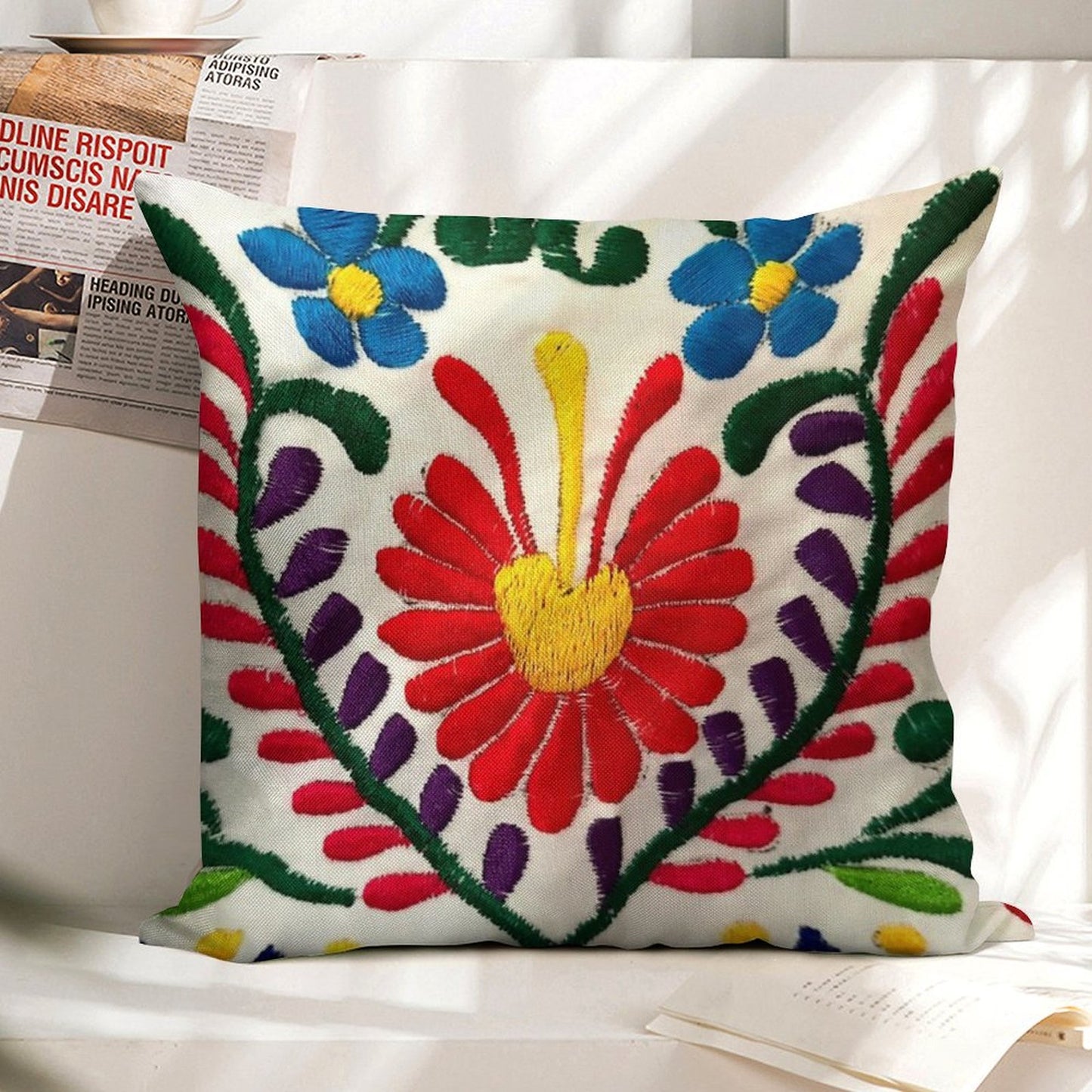 Mexican Flowers Linen Throw Pillow Cover