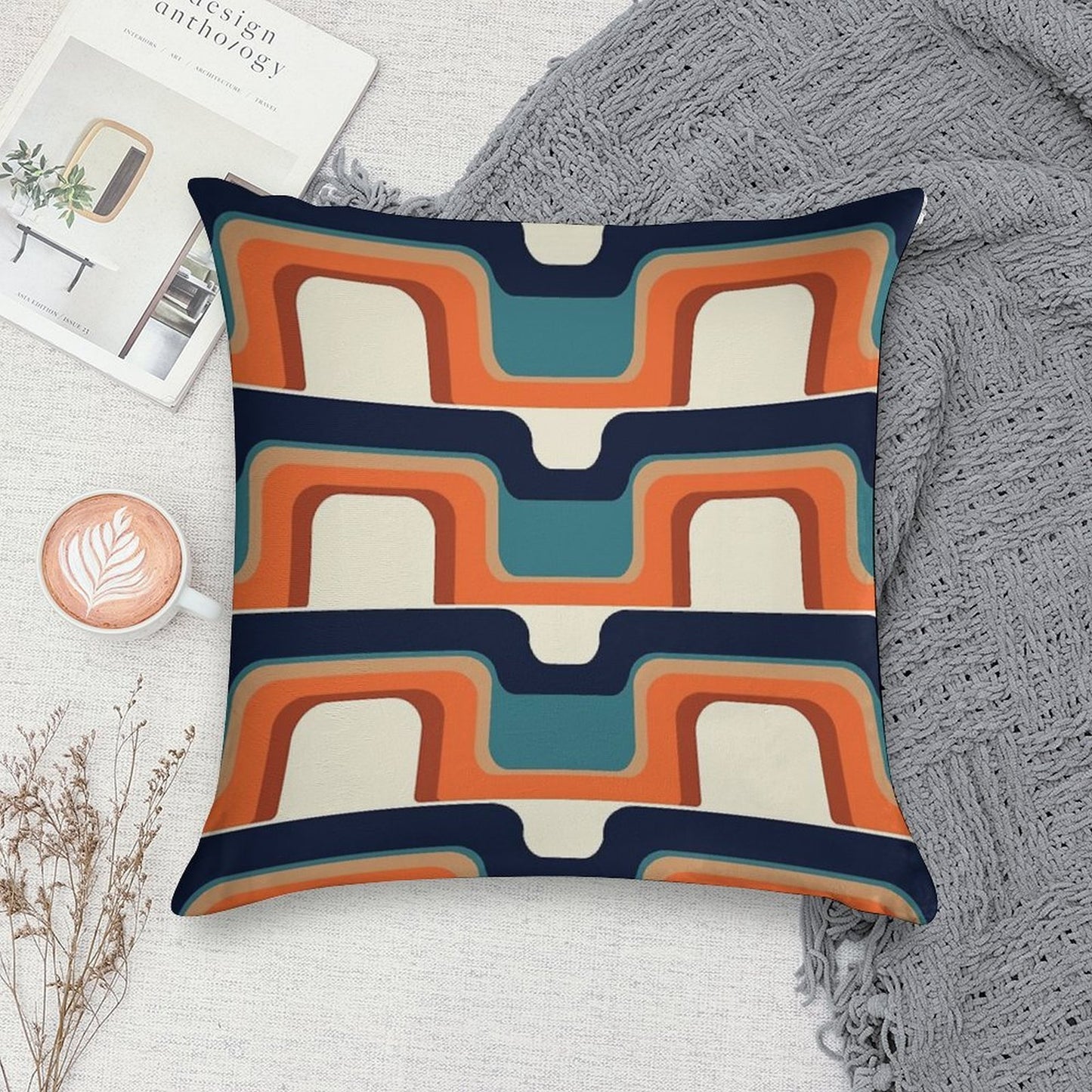 Mid-Century Modern Meets 1970s Orange & Blue Soft Short Plush Fabric Throw Pillow