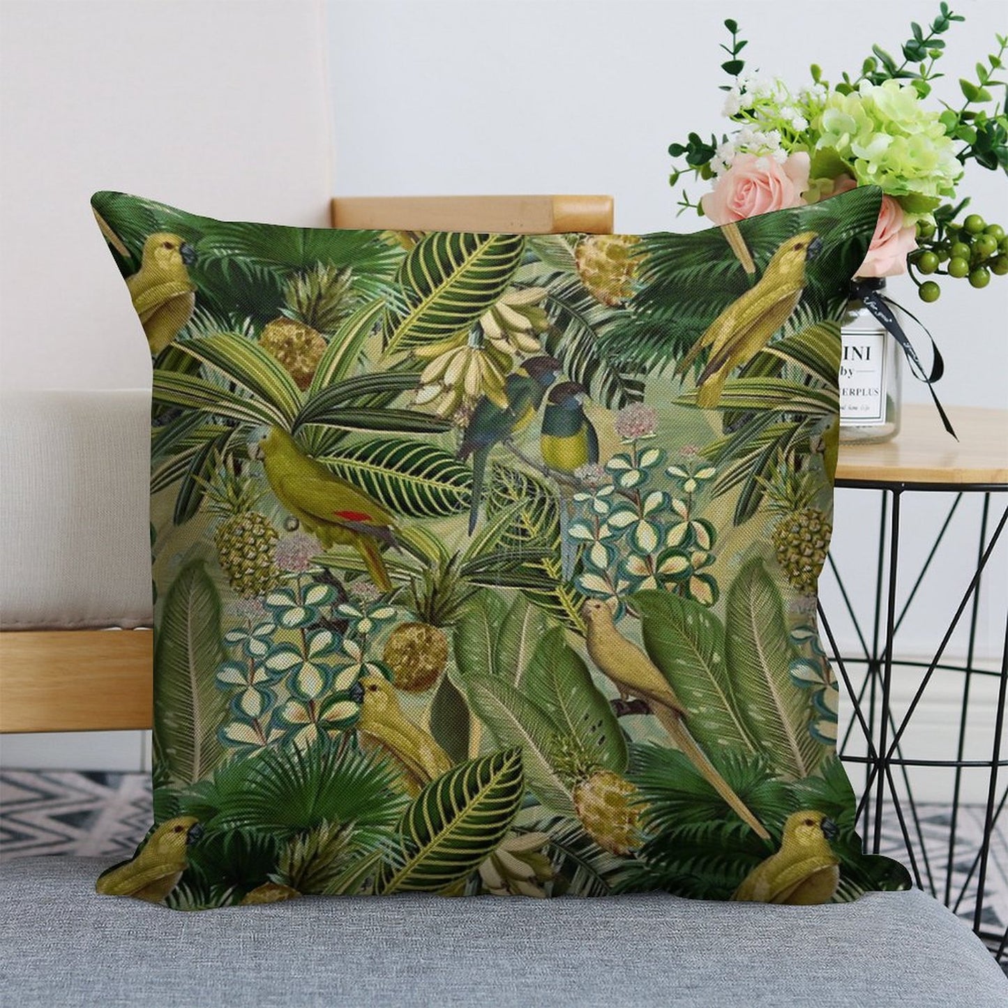 Vintage Green Tropical Bird Jungle Botanical Night Garden Nightgarden Linen Throw Pillow Cover