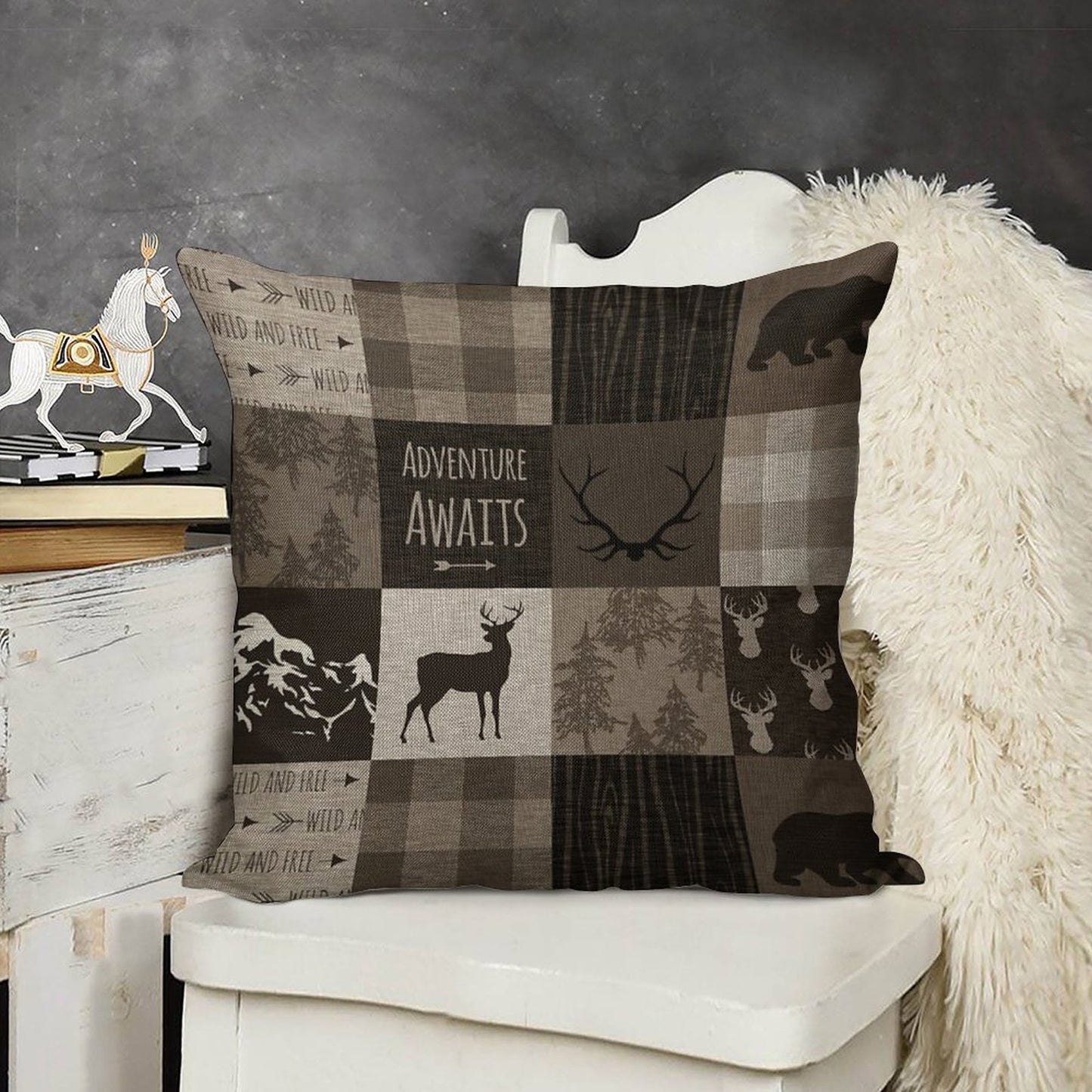 Adventure Patchwork - BrownBeige Linen Throw Pillow Cover