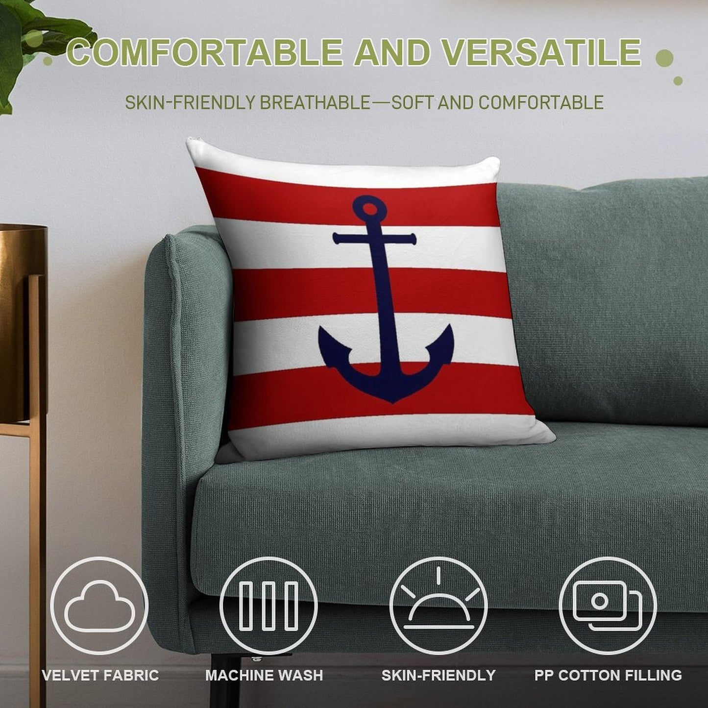 Nautical Navy Blue Anchor On Red Stripes Soft Decorative Cover Throw Pillow