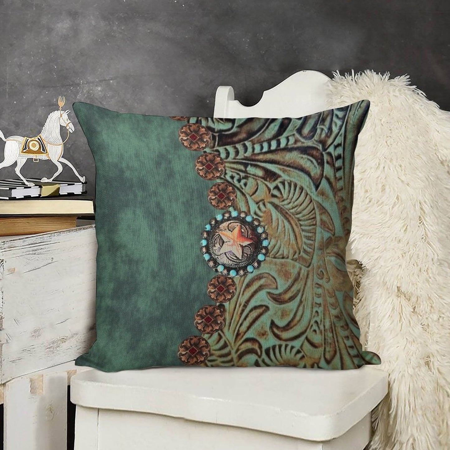 Rustic Cowboy Cowgirl Western Country Green Teal Linen Throw Pillow Cover