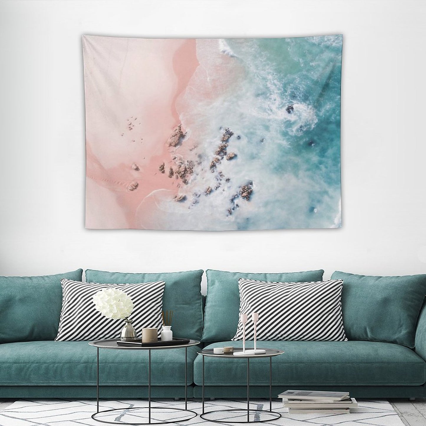 Sea Bliss - Aerial Pink Beach Ocean Sea Photography by Ingrid Beddoes Tapestry