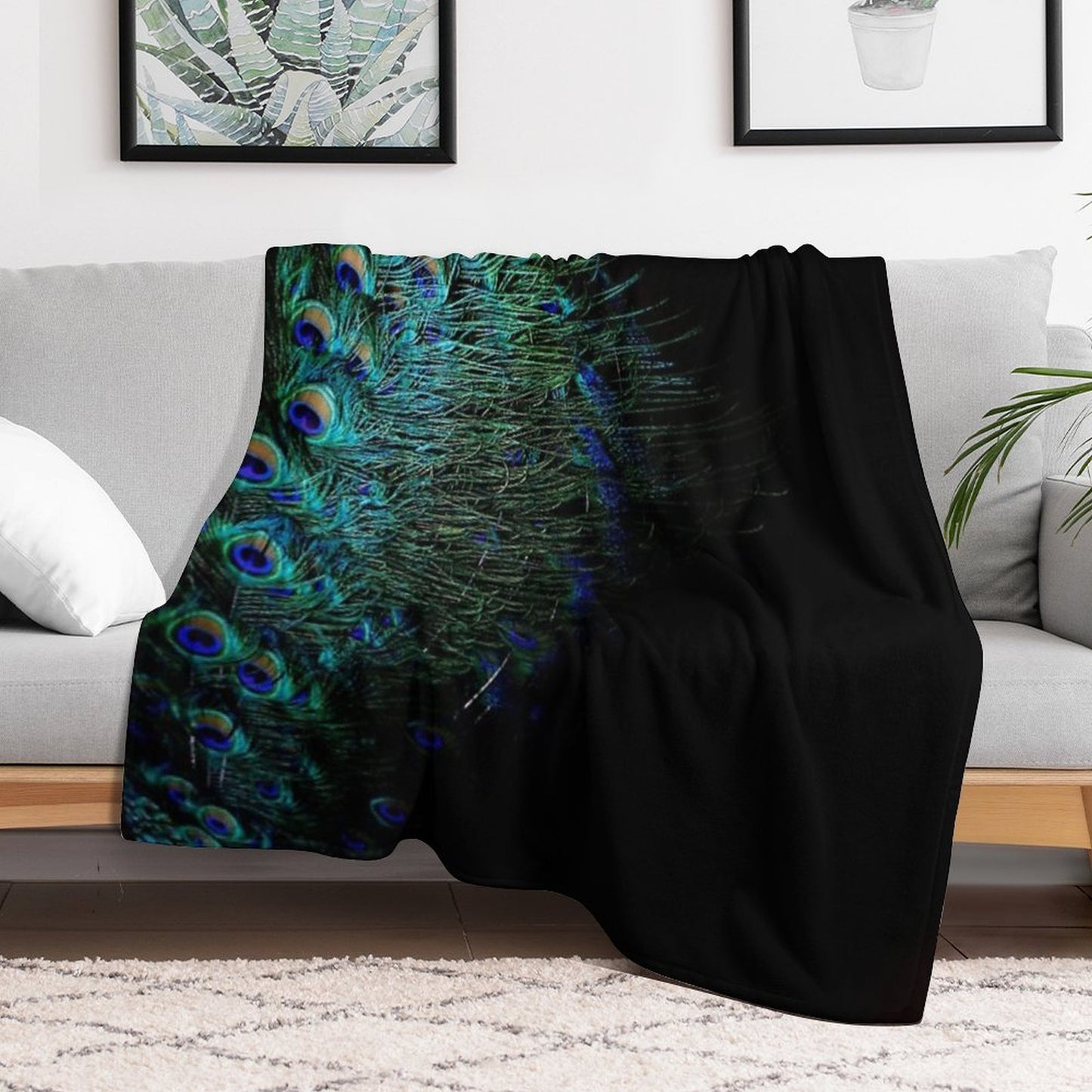 Peacock Feathers on A Black Background Throw Blanket