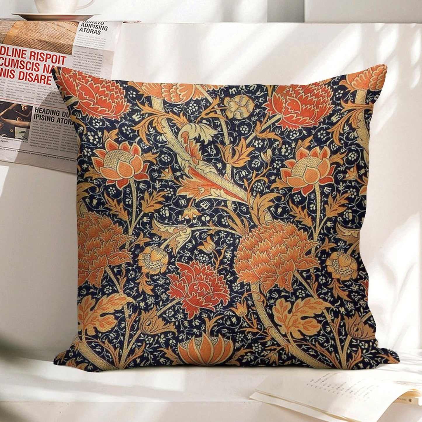 William Morris Cray Blue And Orange Linen Throw Pillow Cover