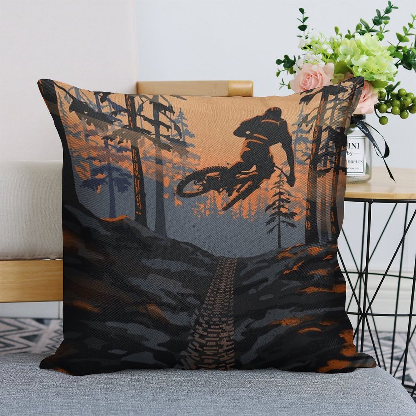 Retro Styled Mountain Biking Dirt Jumper Sunset Linen Throw Pillow Cover