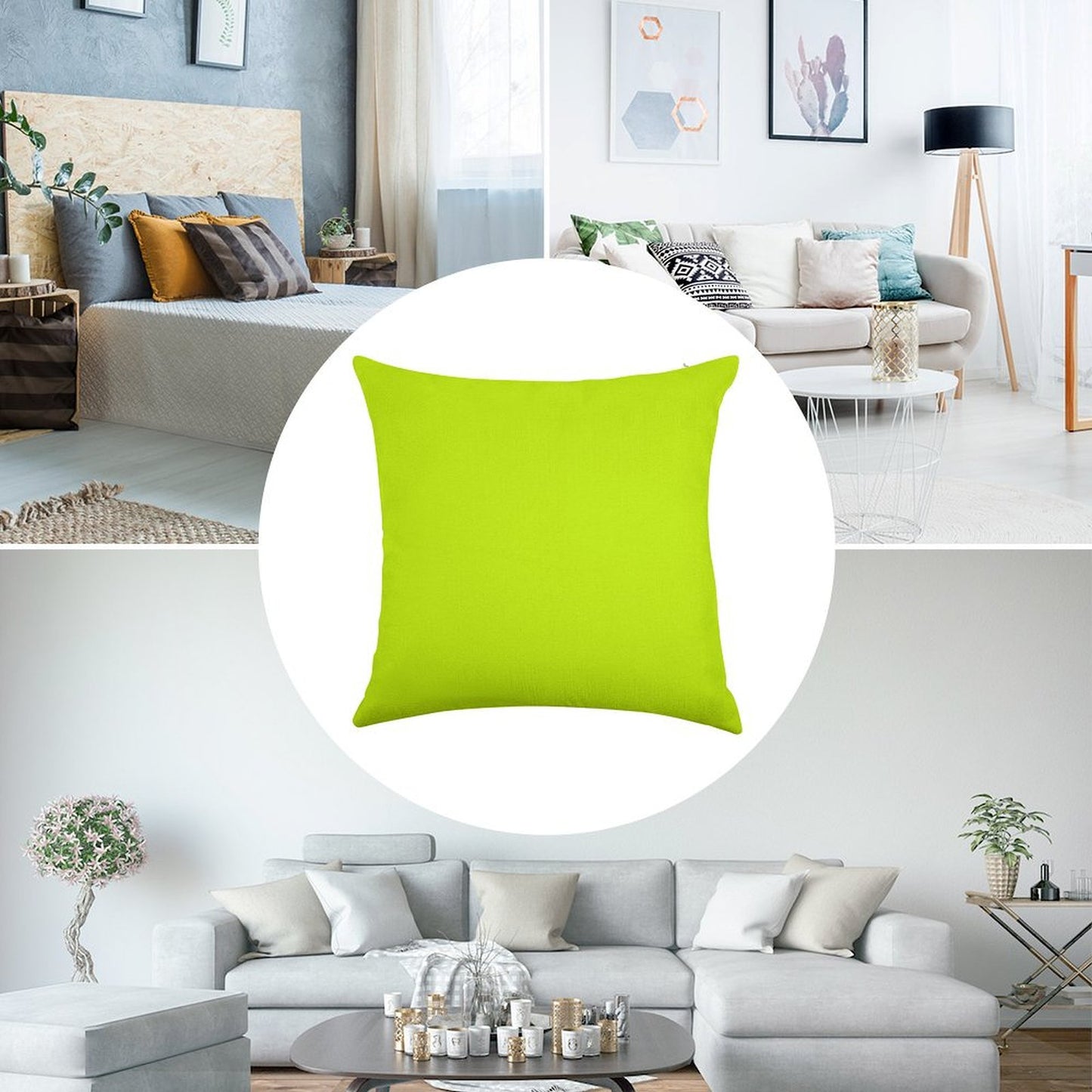 Bright Green Lime Neon Color Linen Throw Pillow Cover
