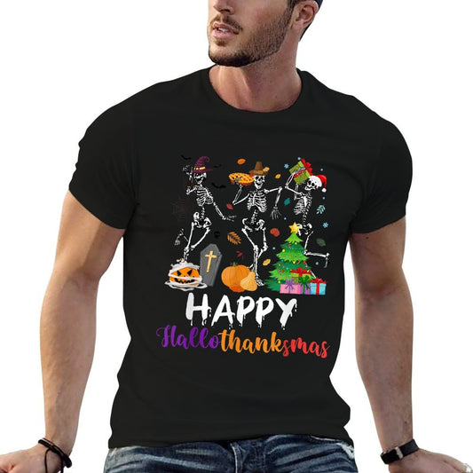 Happy Hallothanksmas Skeleton Pumpkin Turkey Santa Dancing Summer-ready Fabric T-Shirt