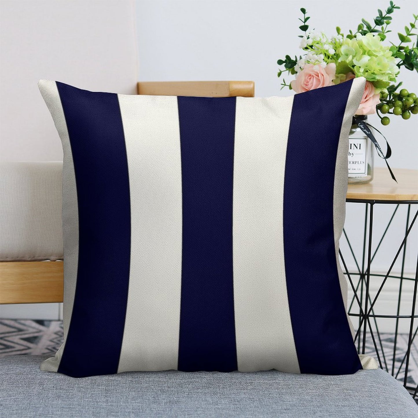 Navy Blue And White Stripes Linen Throw Pillow Cover