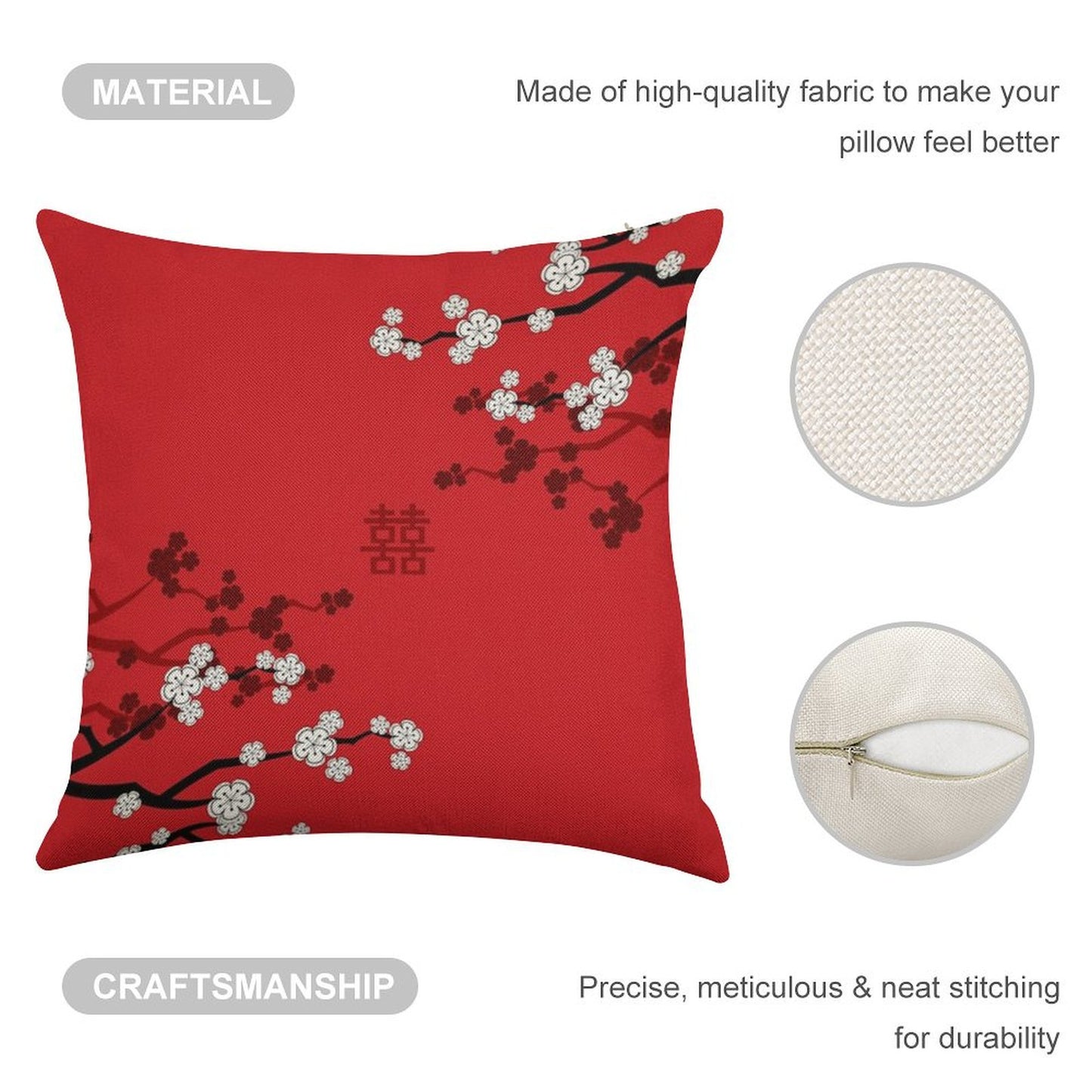 White Oriental Cherry Blossoms on Red And Chinese Wedding Double Happiness Japanese Sakura © Fatfatin Linen Throw Pillow Cover