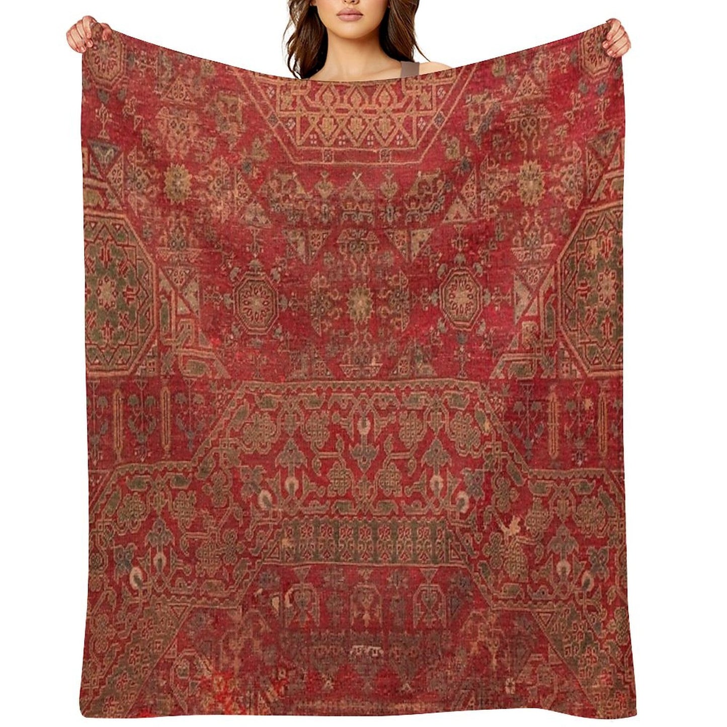 Bohemian Medallion II 15th Century Old Distressed Red Green Colorful Ornate Accent Rug Pattern Throw Blanket