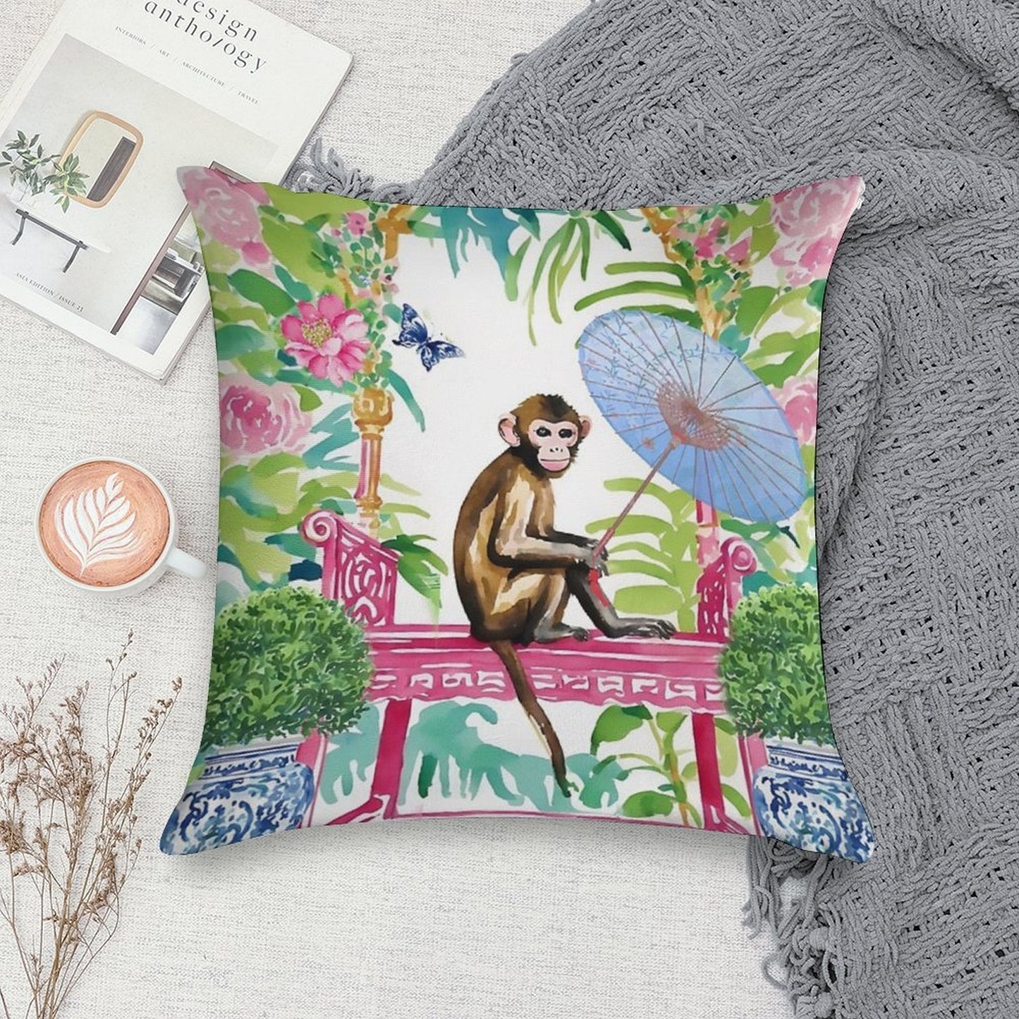 Monkey in Chinoiserie Garden Soft Washable Throw Pillow
