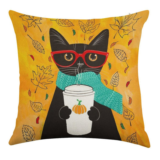 Autumn Pumpkin Coffee Cat Linen Throw Pillow Cover