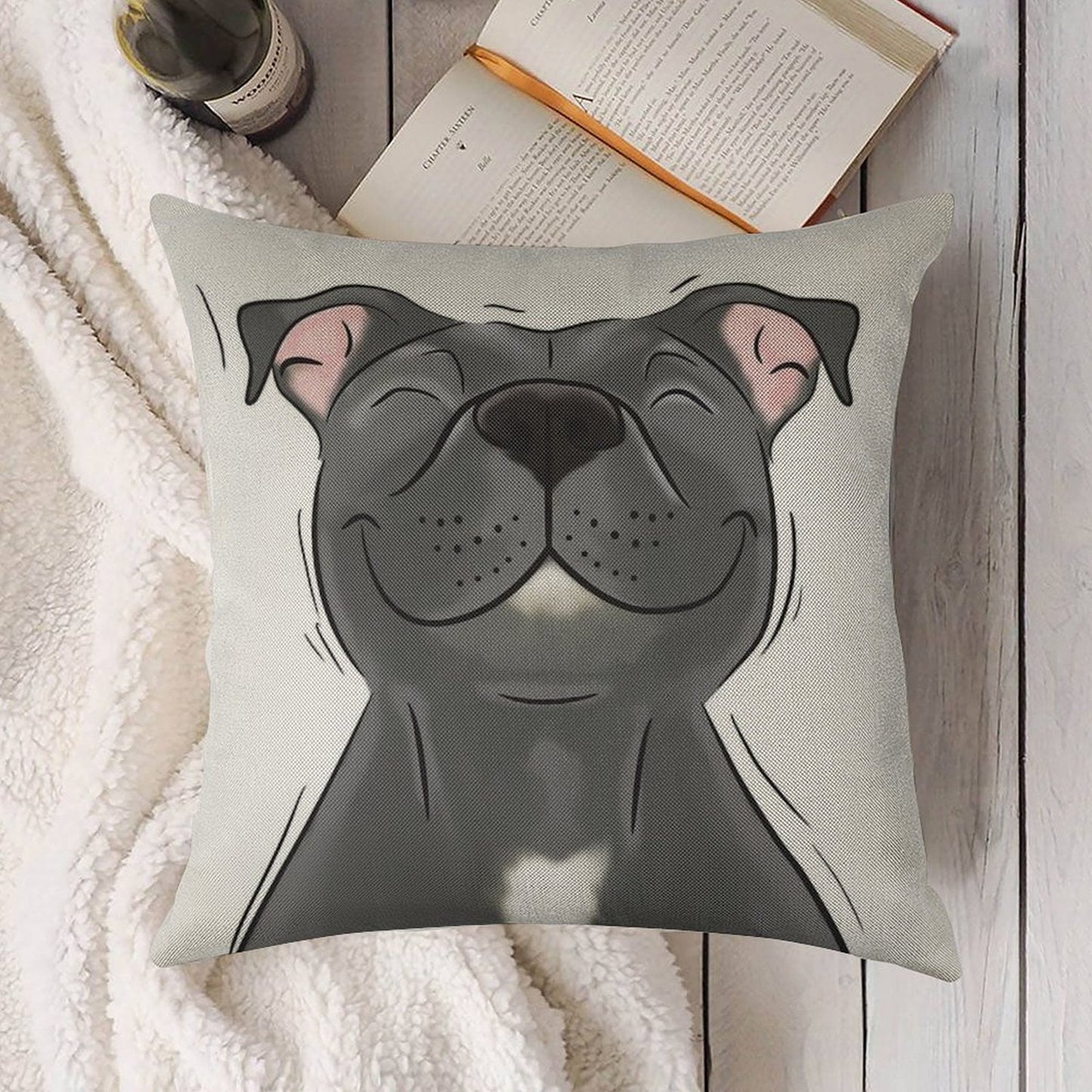 Smiling Blue Staffy Dog (stafford) Staffy Love Linen Throw Pillow Cover