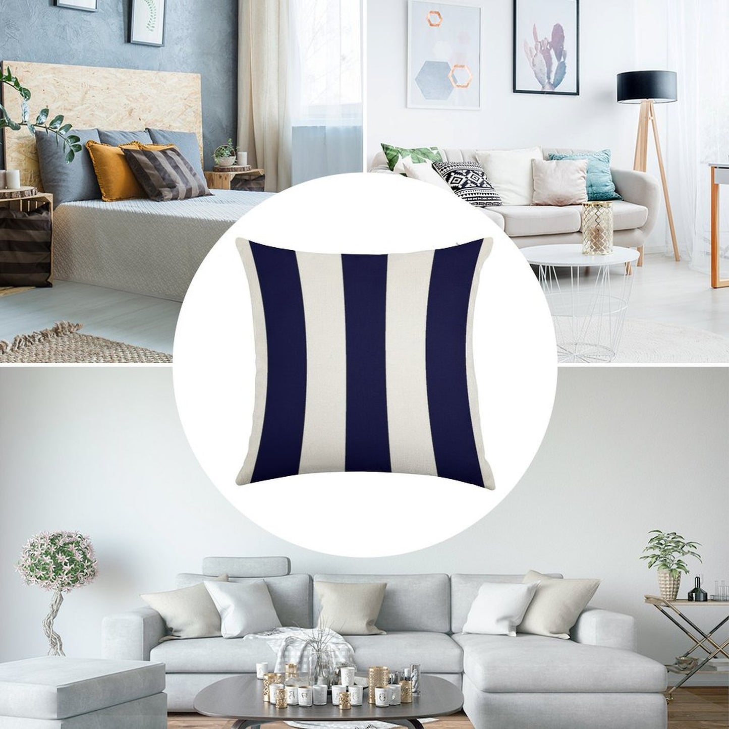 Navy Blue And White Stripes Linen Throw Pillow Cover