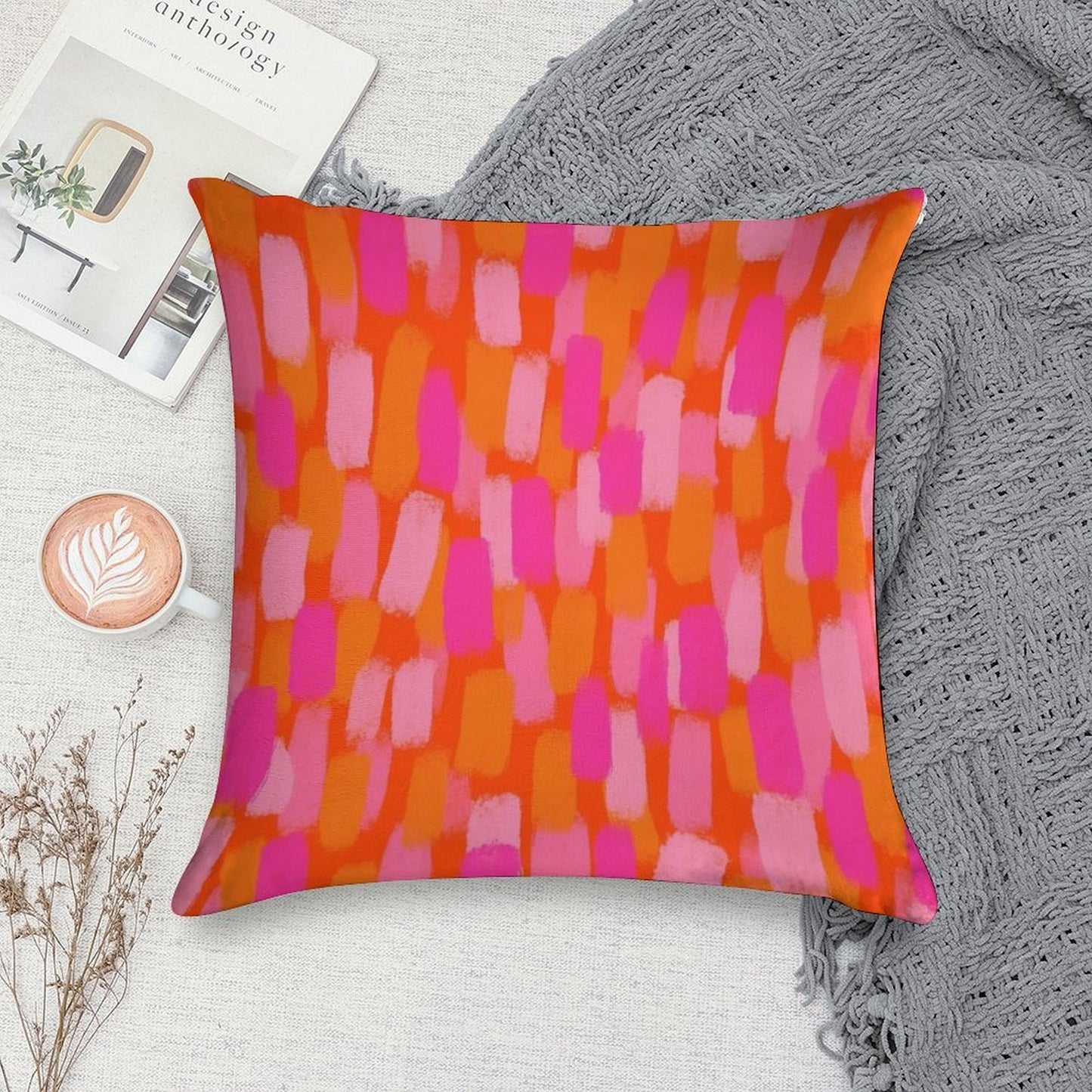Abstract, Pink And Orange, Paint Brush Effect Soft Multiple Sizes Throw Pillow