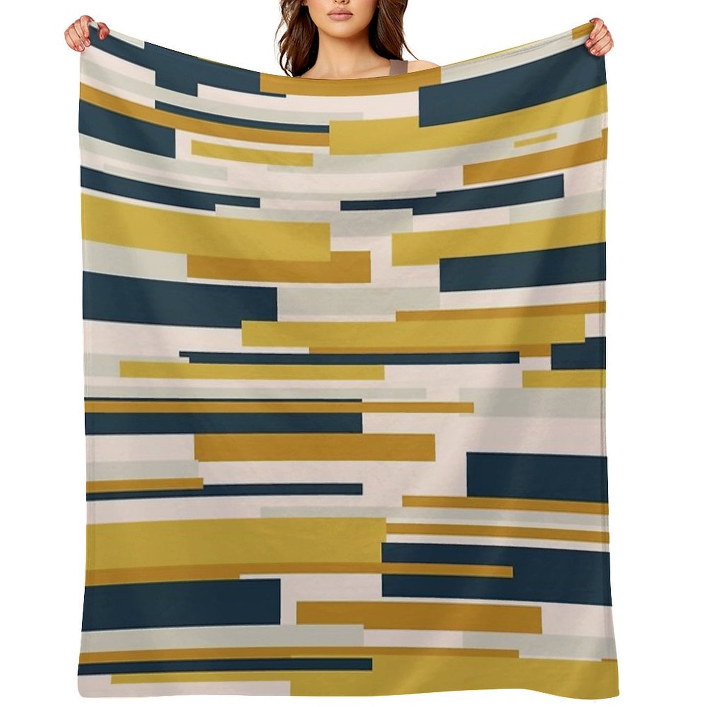 Wright Midcentury Modern Geometric Abstract Pattern in Mustard Yellow, Navy Blue, And Pale Blush Throw Blanket