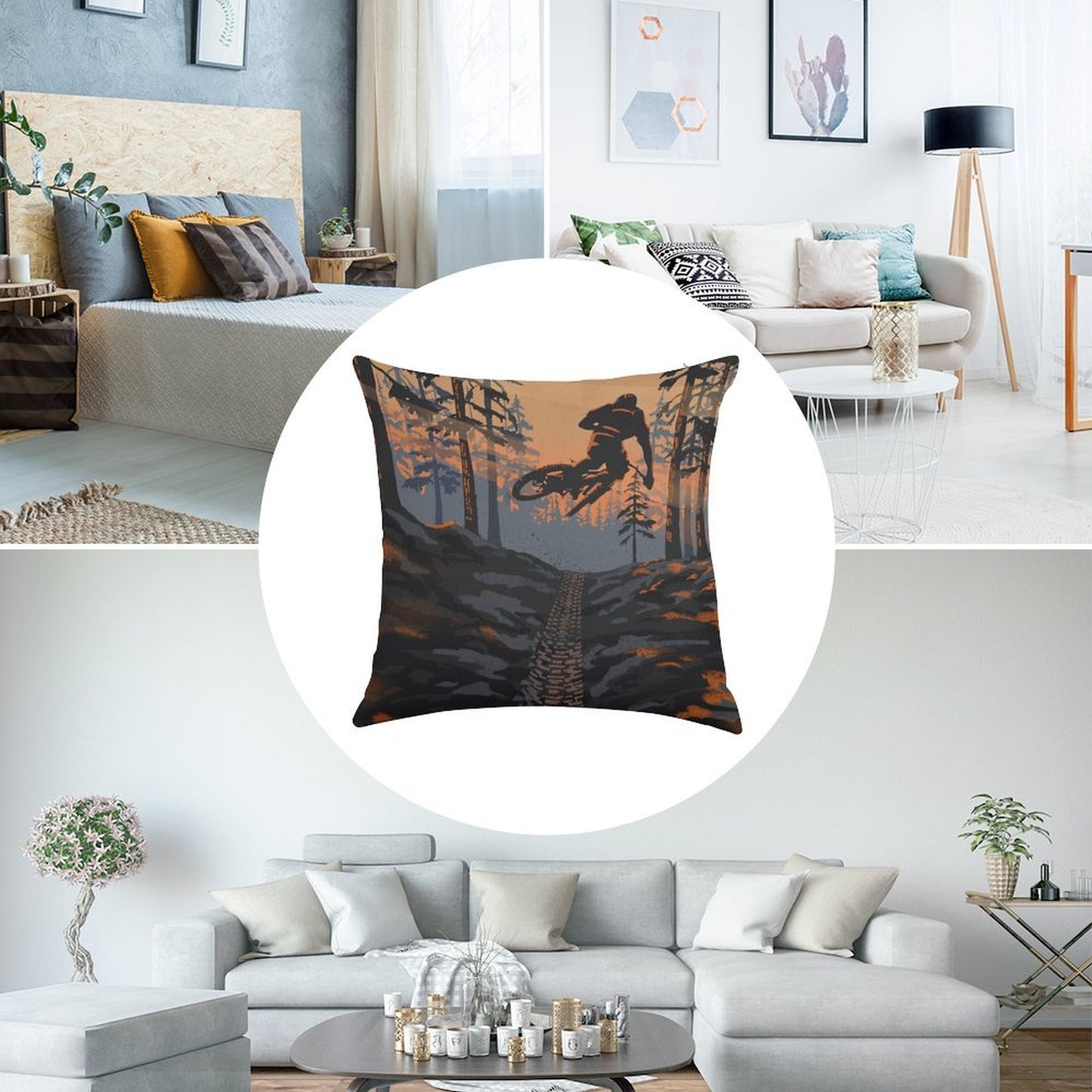 Retro Styled Mountain Biking Dirt Jumper Sunset Linen Throw Pillow Cover