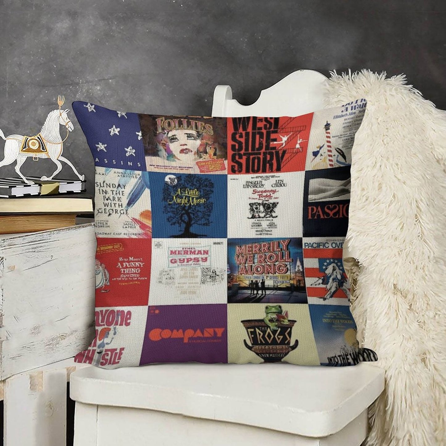 Sondheim Collage Linen Throw Pillow Cover