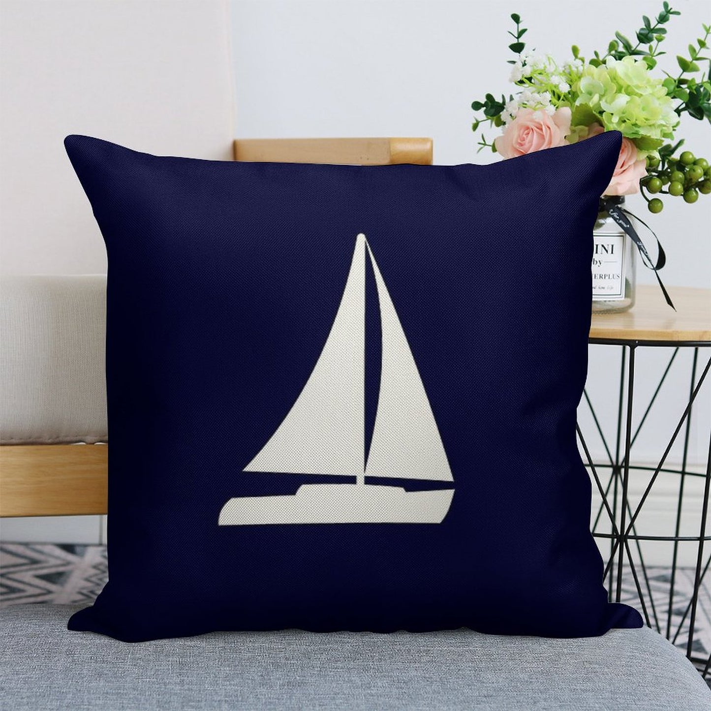 Sailboat Silhouette On Navy Blue Linen Throw Pillow Cover