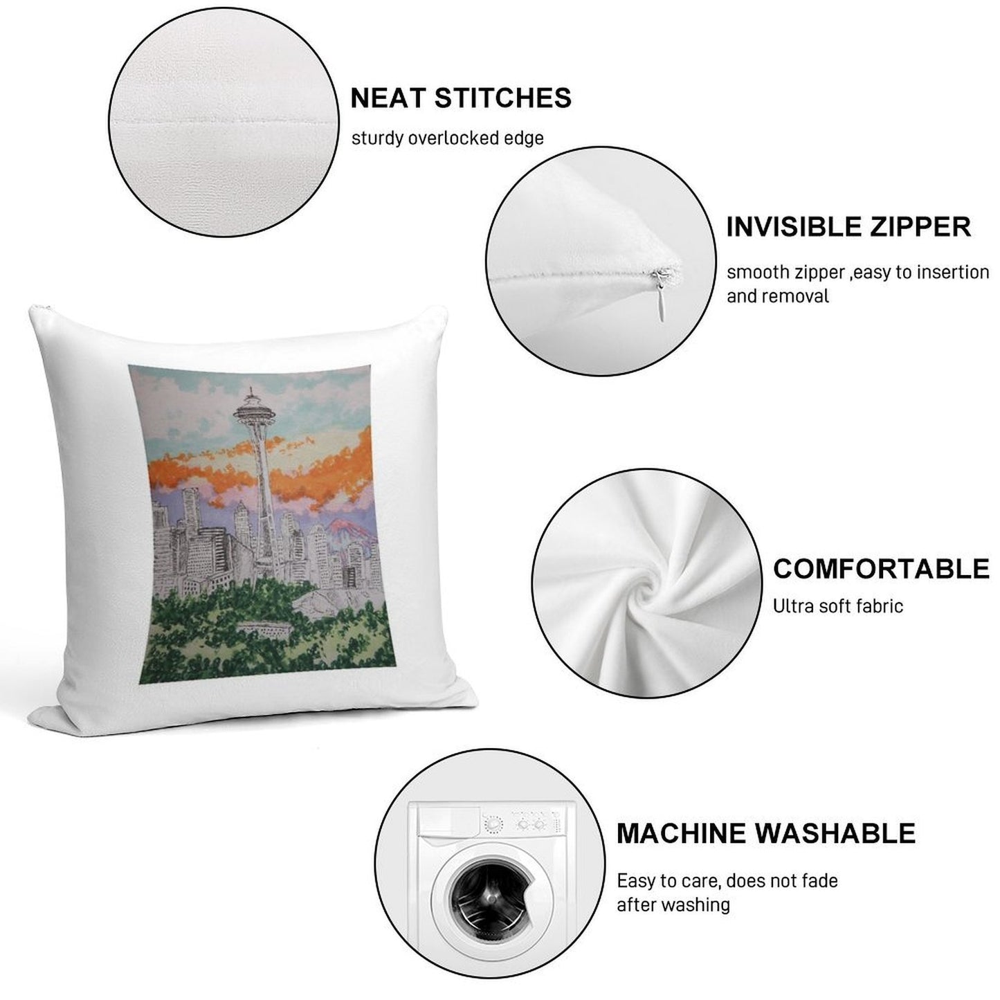 Seattle Soft Hidden Zipper Throw Pillow