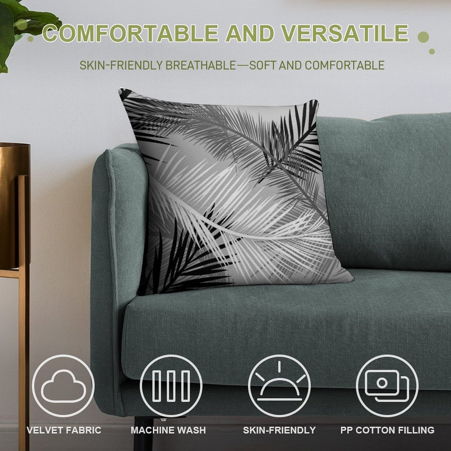 Palm Leaf Print, Gray, Black And White Soft Luxury Feel Throw Pillow