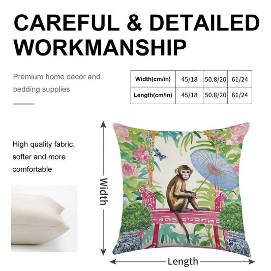 Monkey in Chinoiserie Garden Linen Throw Pillow Cover