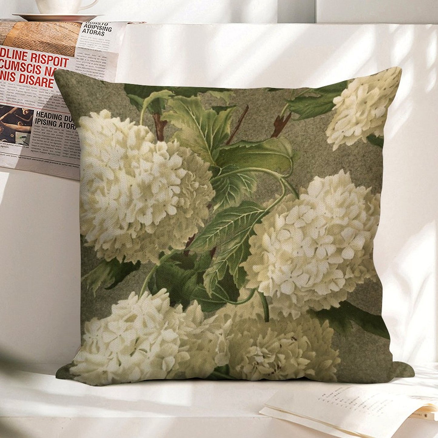 Vintage Victorian White Hydrangea Floral Linen Throw Pillow Cover