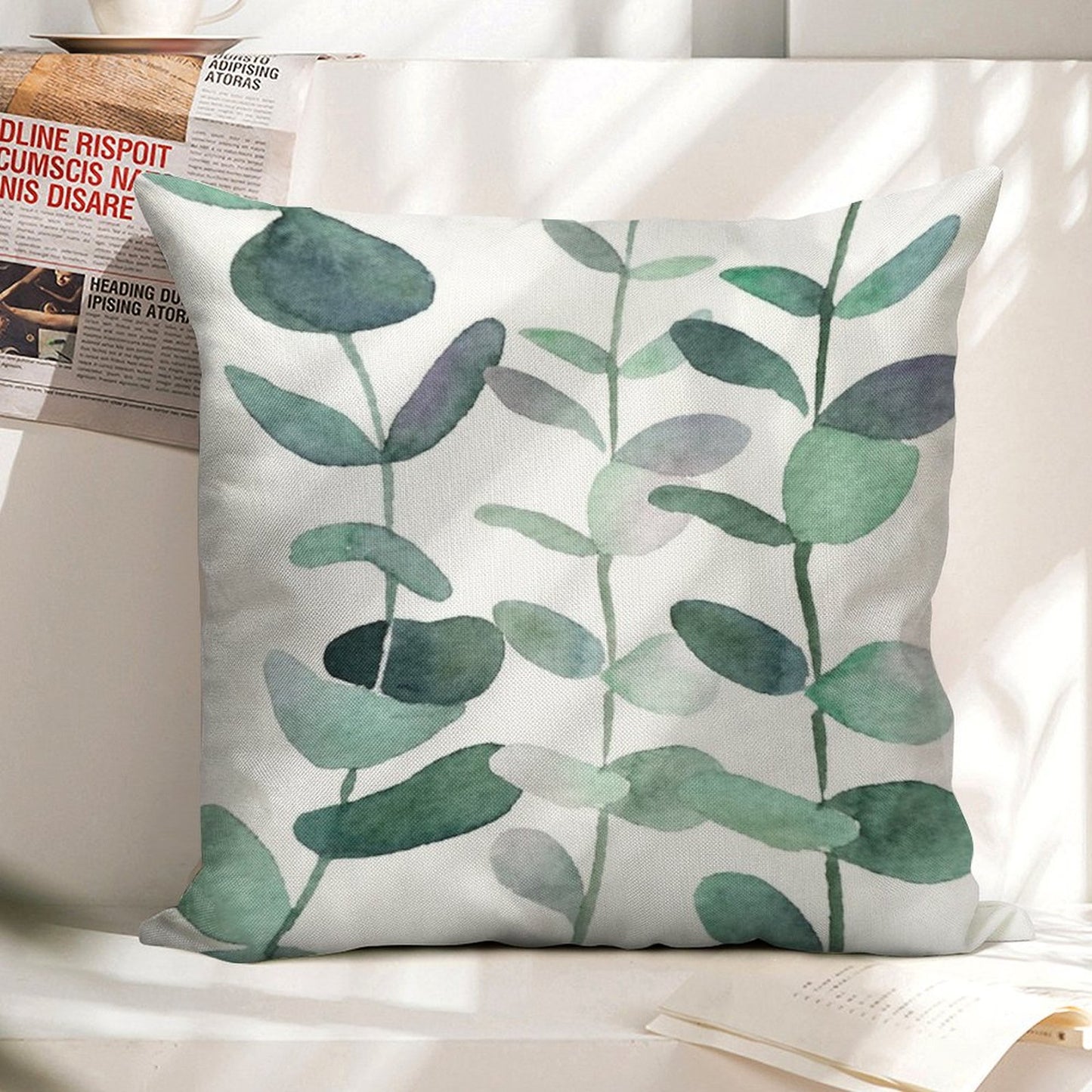 Watercolor, Eucalyptus, Leaves, Botanical, Painting, Green Linen Throw Pillow Cover