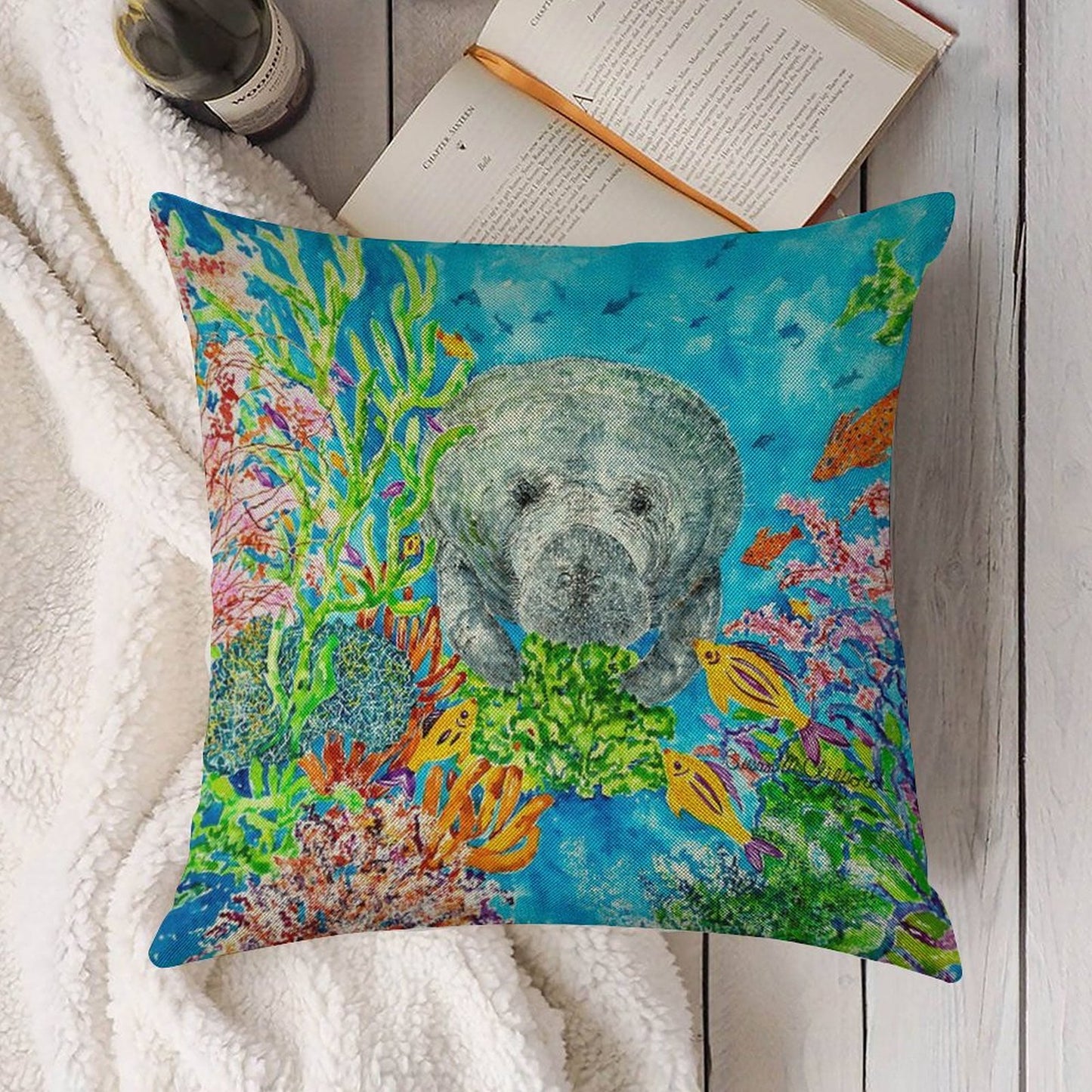 Manatee Lunchtime Linen Throw Pillow Cover