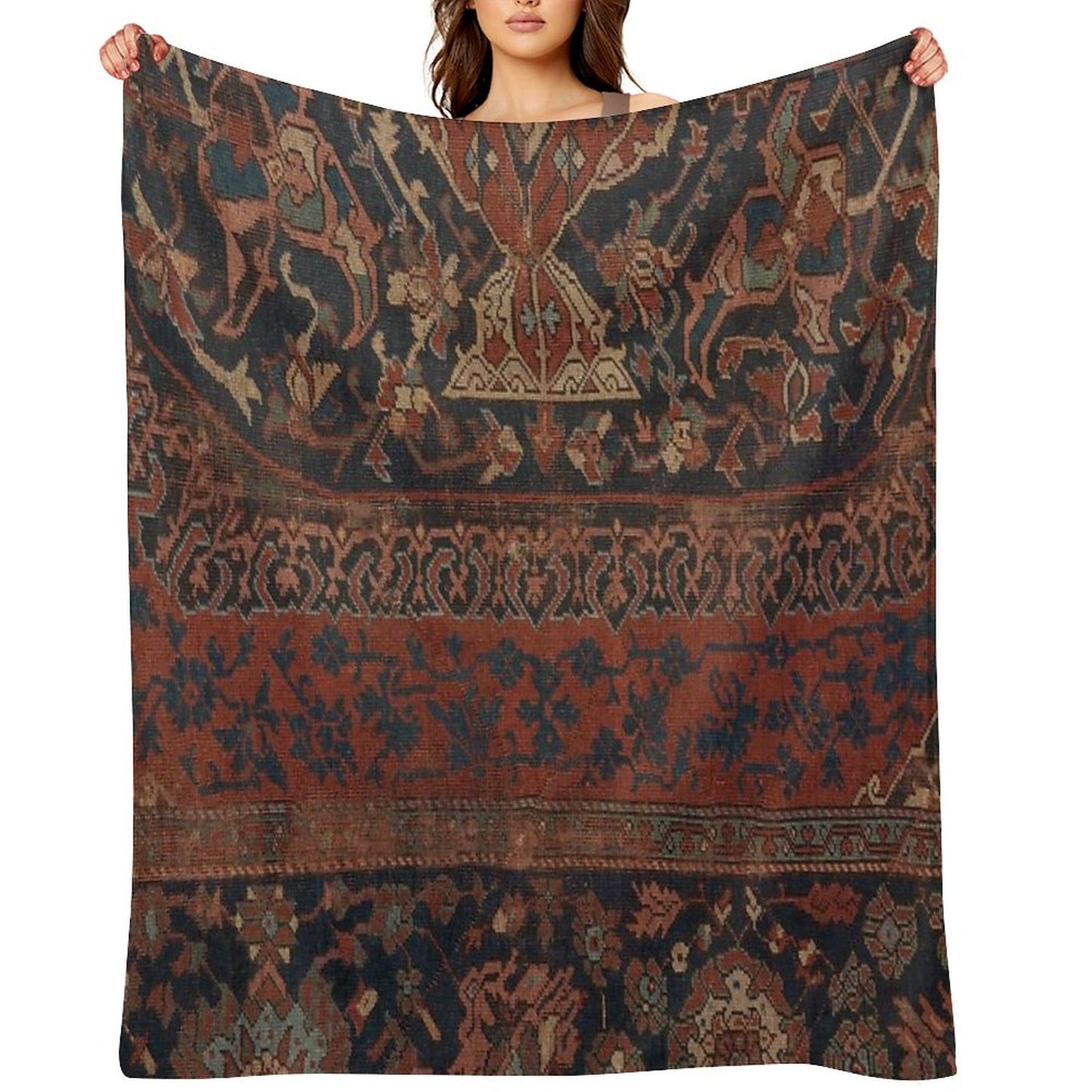 Boho Chic Dark III 17th Century Colorful Medallion Red Blue Green Brown Ornate Accent Rug Pattern Throw Blanket