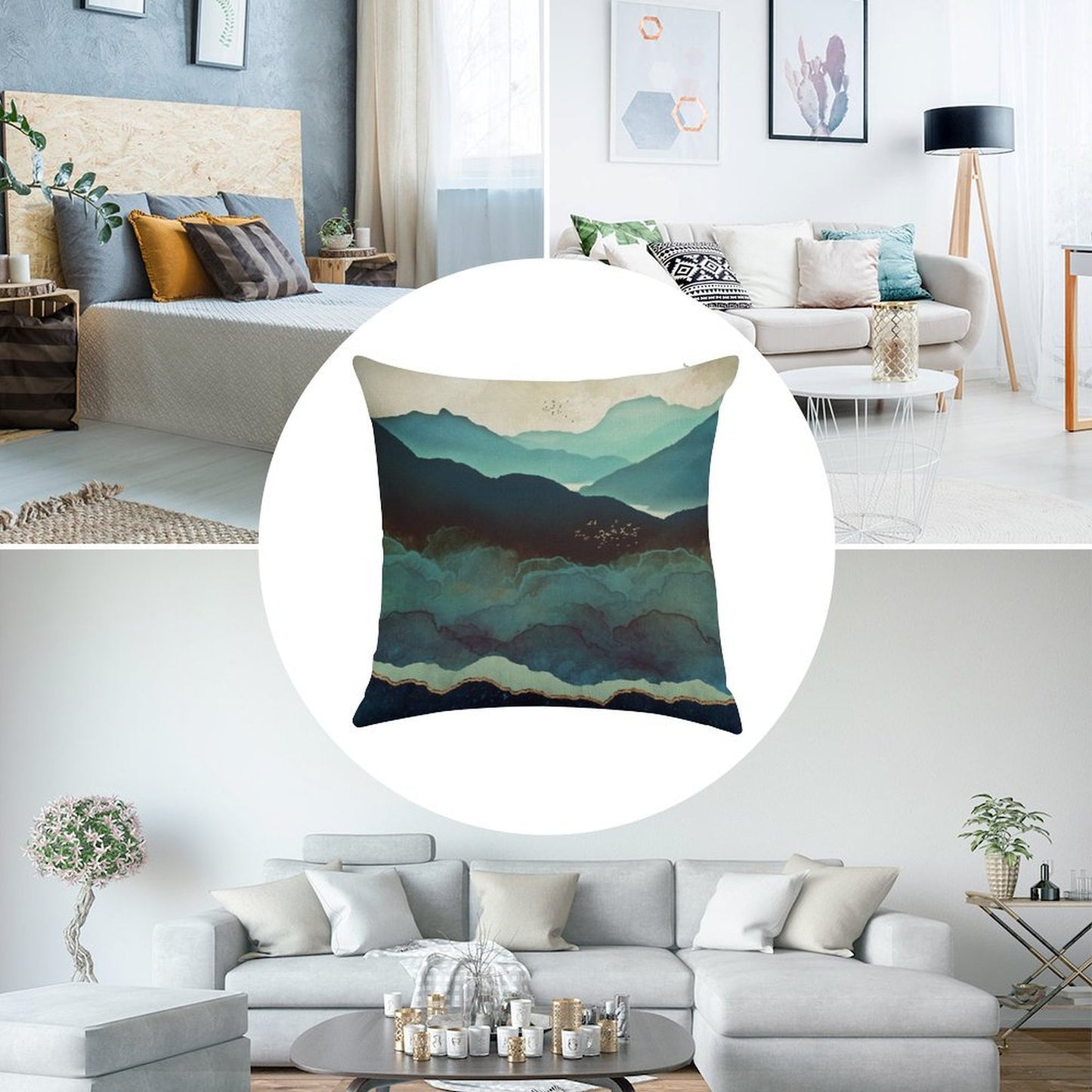 Indigo Mountains Linen Throw Pillow Cover