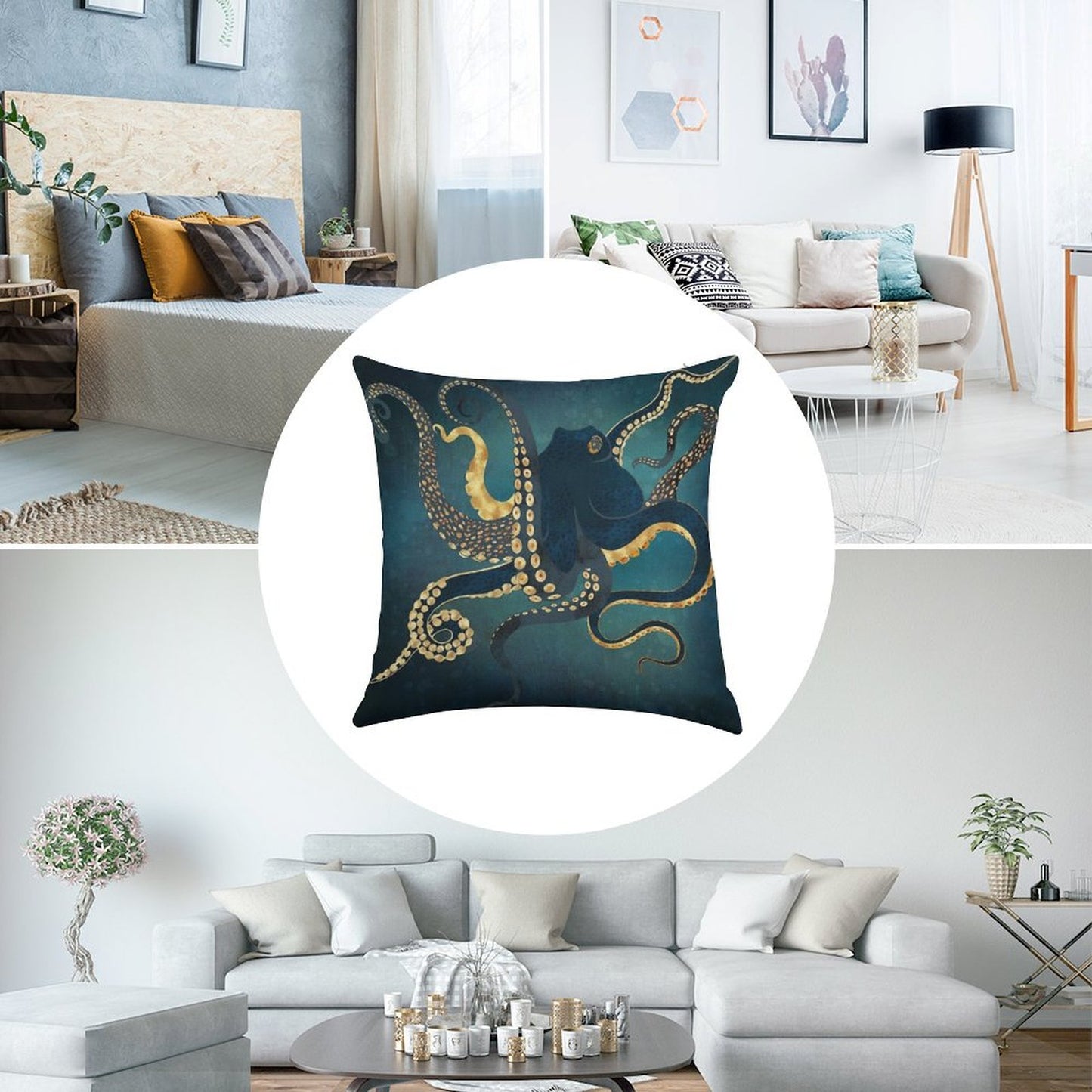 Metallic Octopus IV Linen Throw Pillow Cover