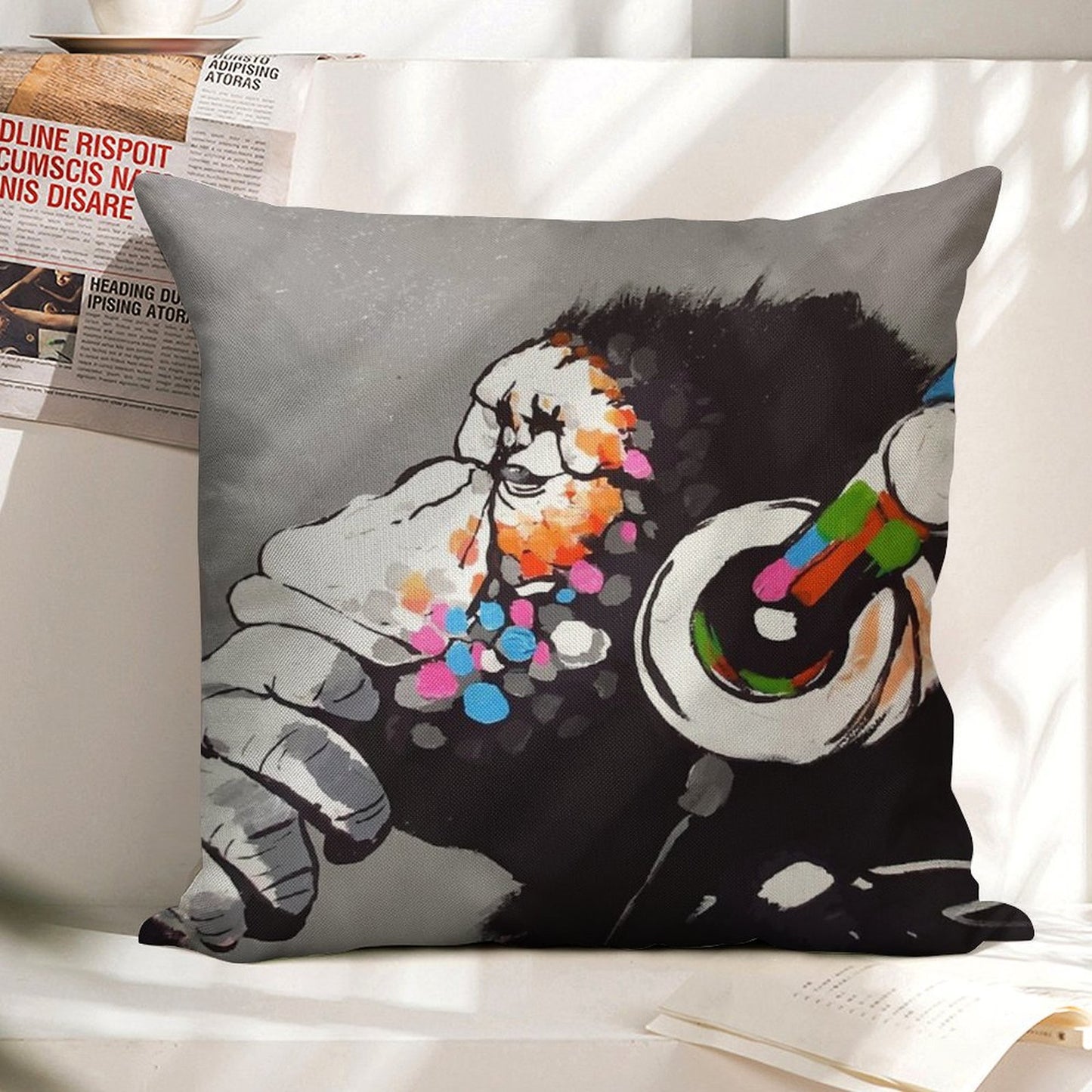 Banksy DJ Monkey Thinker with Headphones Linen Throw Pillow Cover
