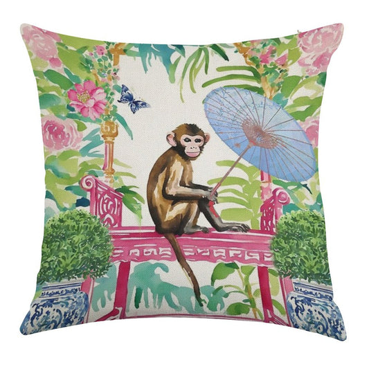Monkey in Chinoiserie Garden Linen Throw Pillow Cover