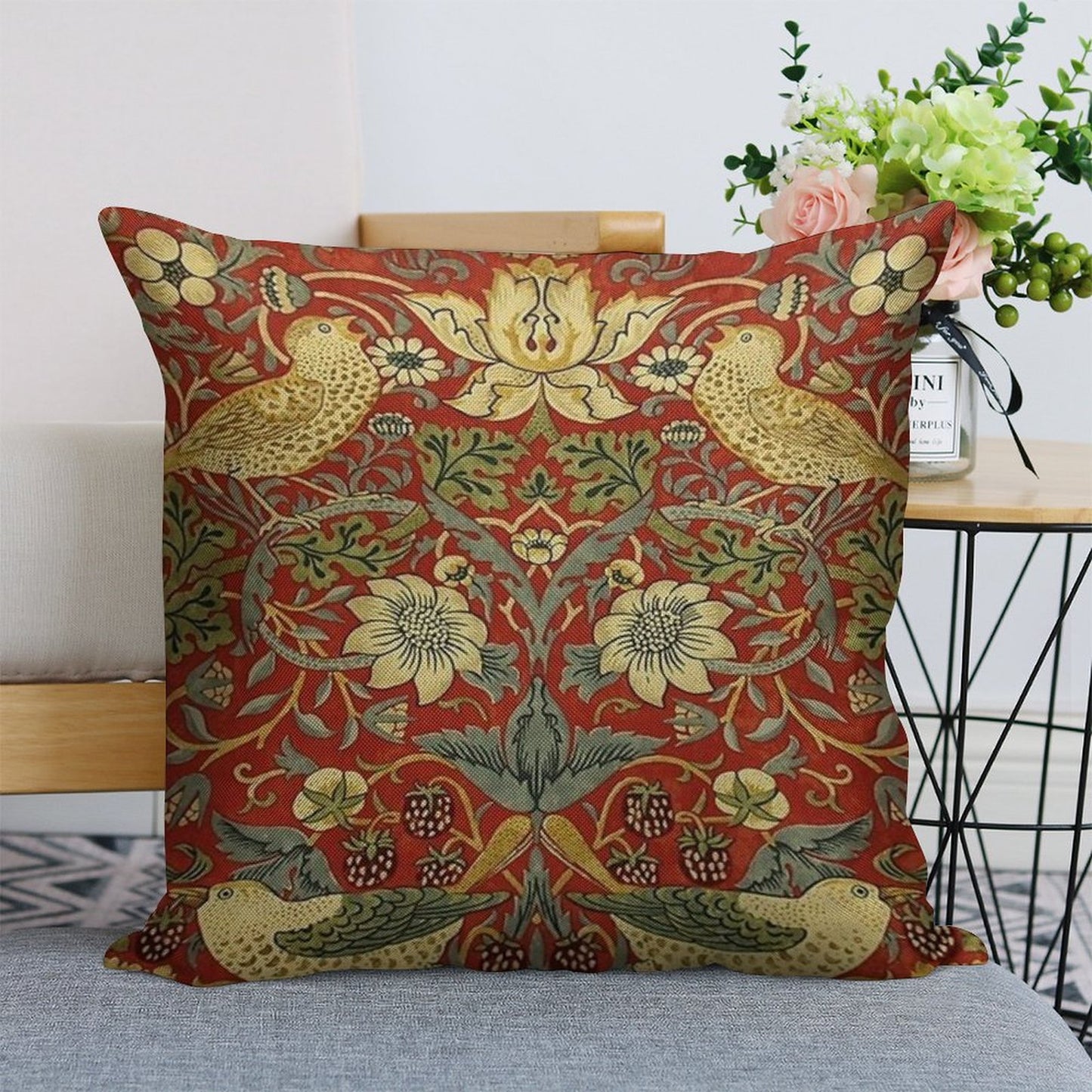 William Morris Birds Floral,red Linen Throw Pillow Cover