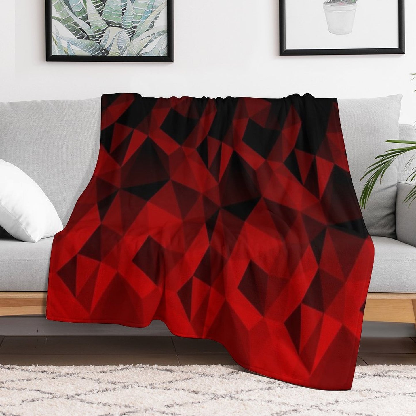 Abstract Polygonal Pattern .Red, Black Triangles. Throw Blanket