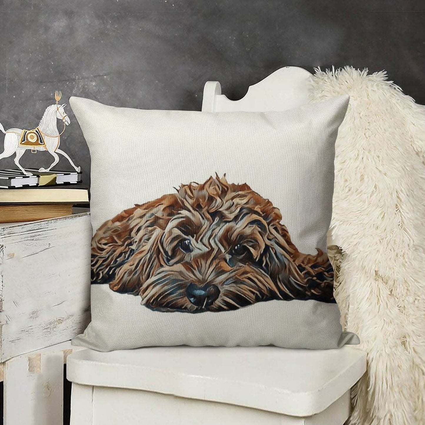 ChocolateBrown Cockapoo - White Background Linen Throw Pillow Cover