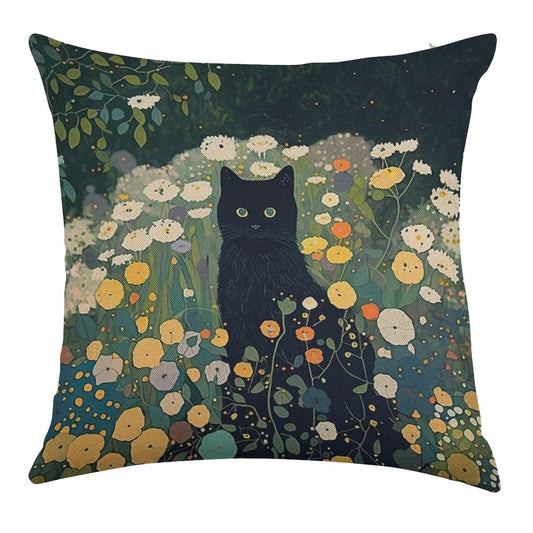 Cat in Klimt Garden Inspiration Linen Throw Pillow Cover