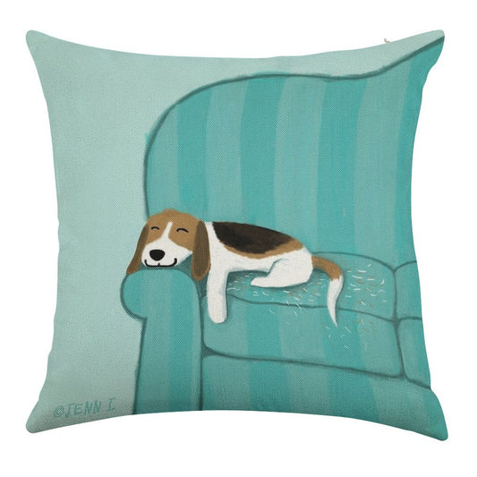 Happy Couch Dog  Cute Beagle Linen Throw Pillow Cover