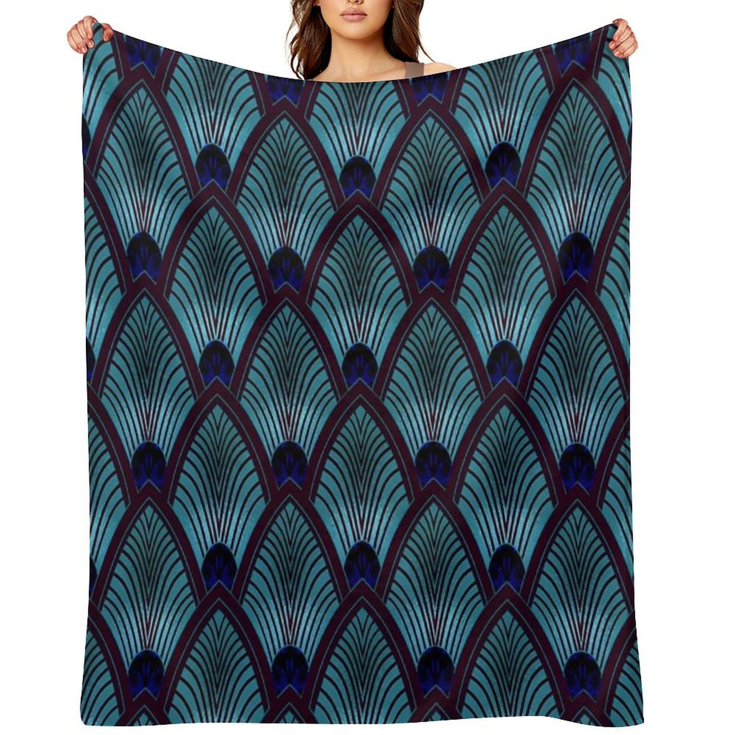 Art Deco Sunburst Fan in Metallic Blue Throw Blanket