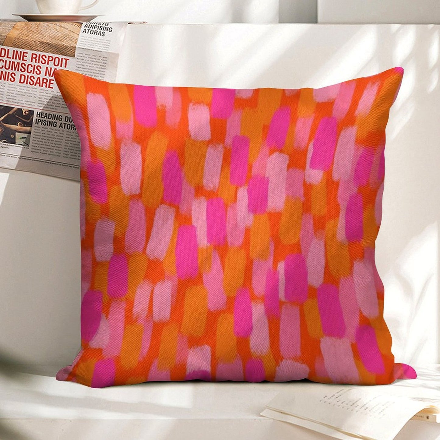 Abstract, Pink And Orange, Paint Brush Effect Linen Throw Pillow Cover