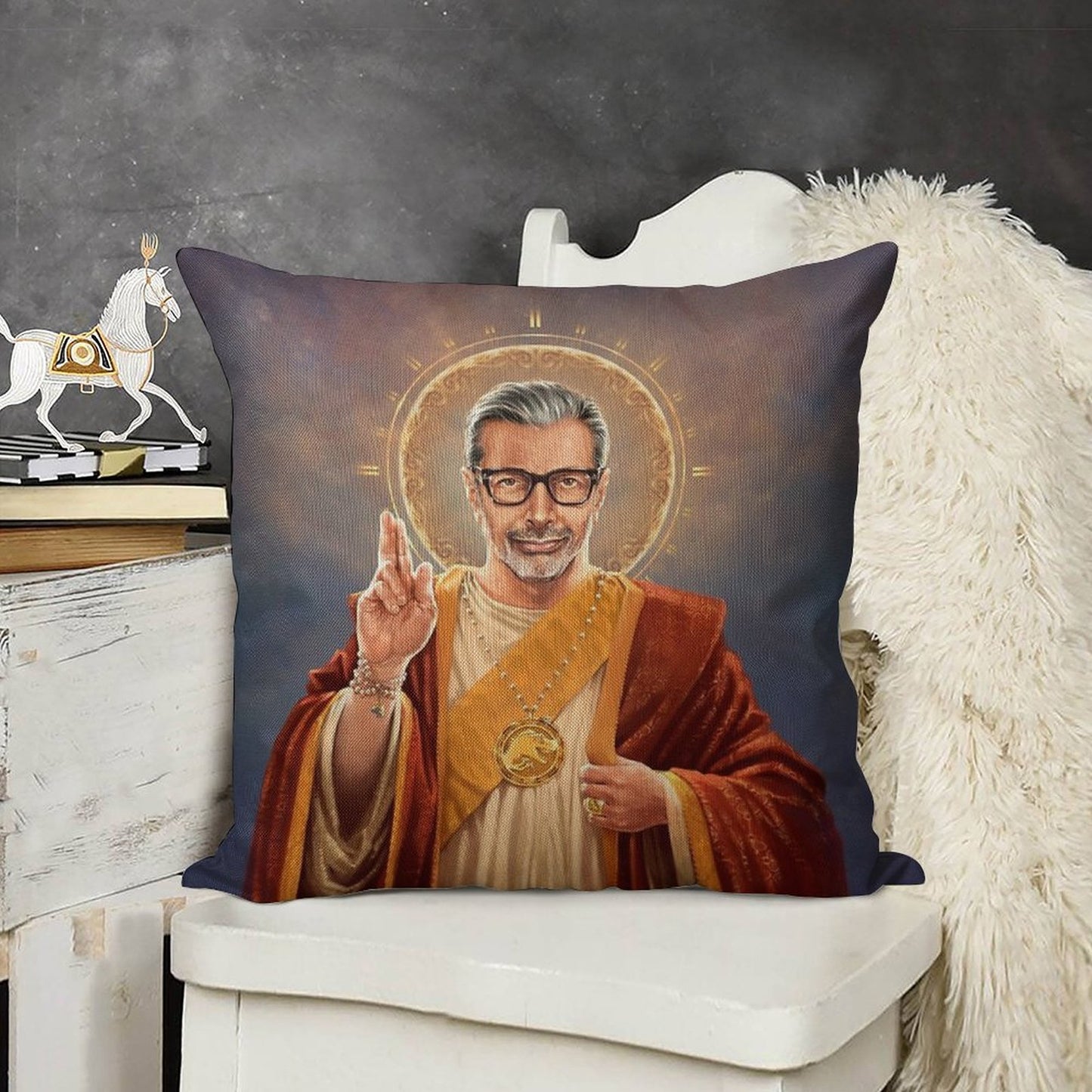 Saint Jeff of Goldblum, Jeff Goldblum Original Religious Painting Linen Throw Pillow Cover